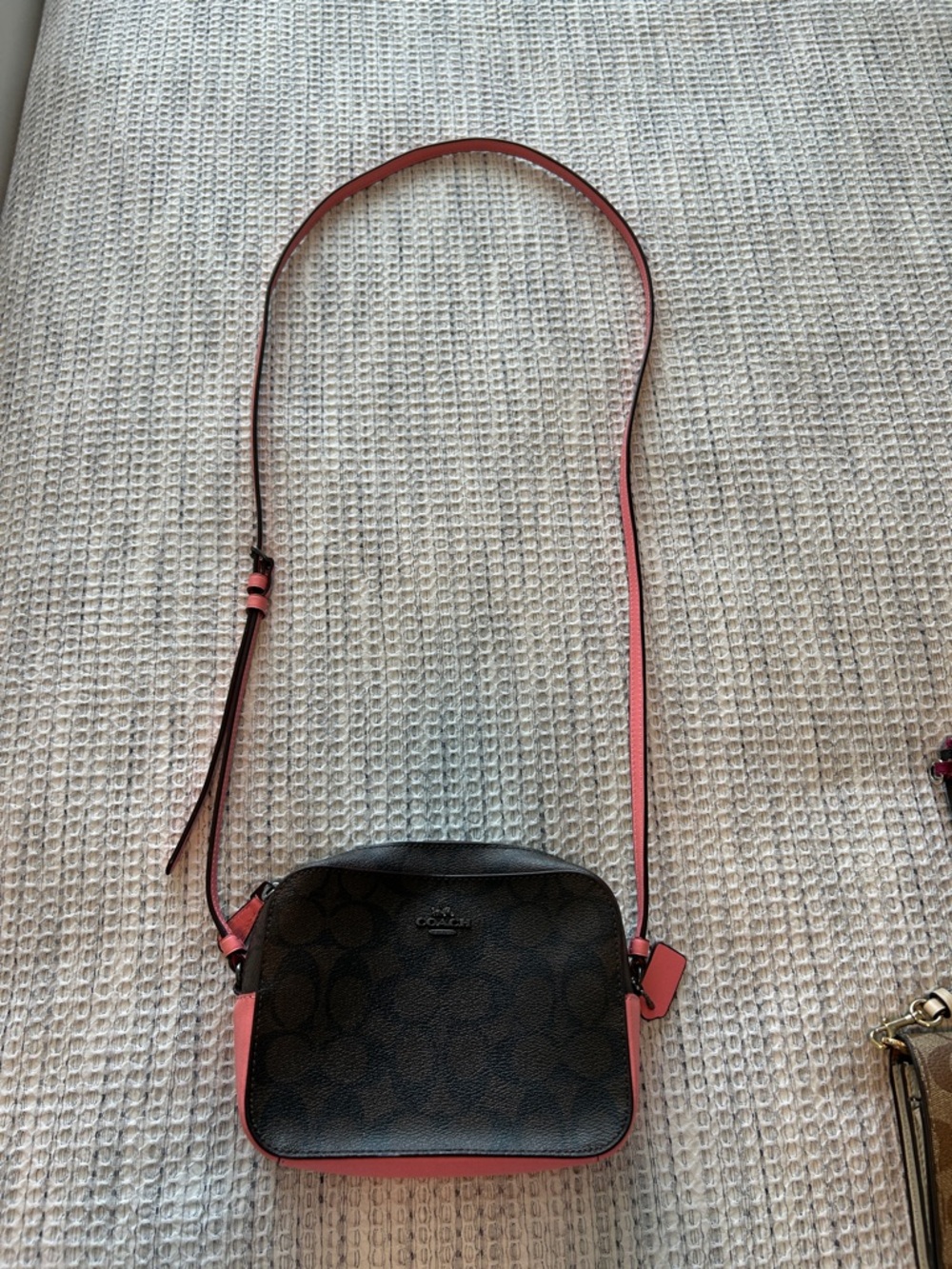 Coach Brown Signature Crossbody with Pink Trim